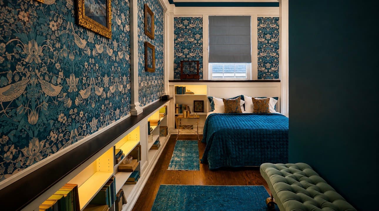 The Children's Room hero at The Library Historic Hotel — bright queen suite with historic bird wallpaper
