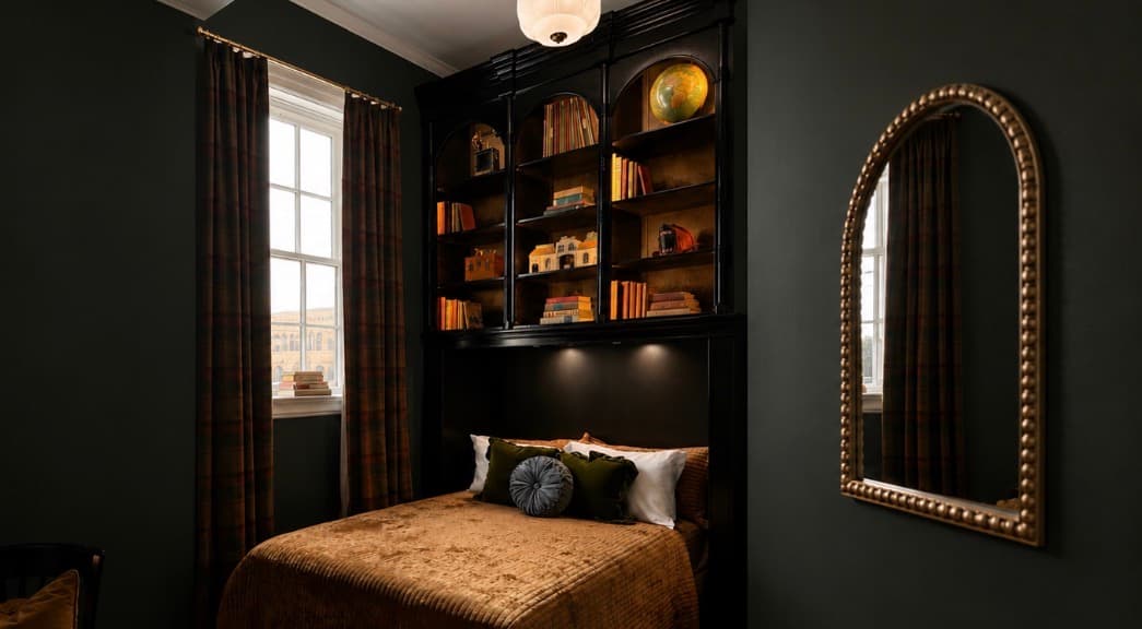 The Librarian's Room hero at The Library Historic Hotel — cozy queen suite with vintage shelving