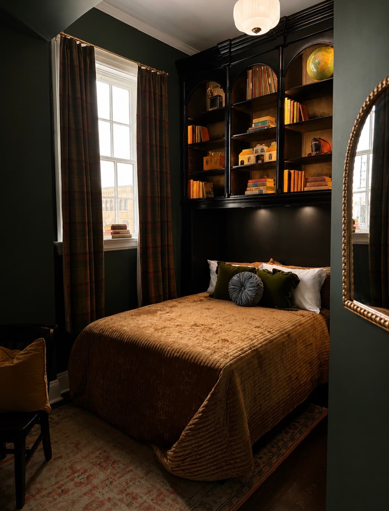 The Librarian's Room detail — vintage shelving above the bed