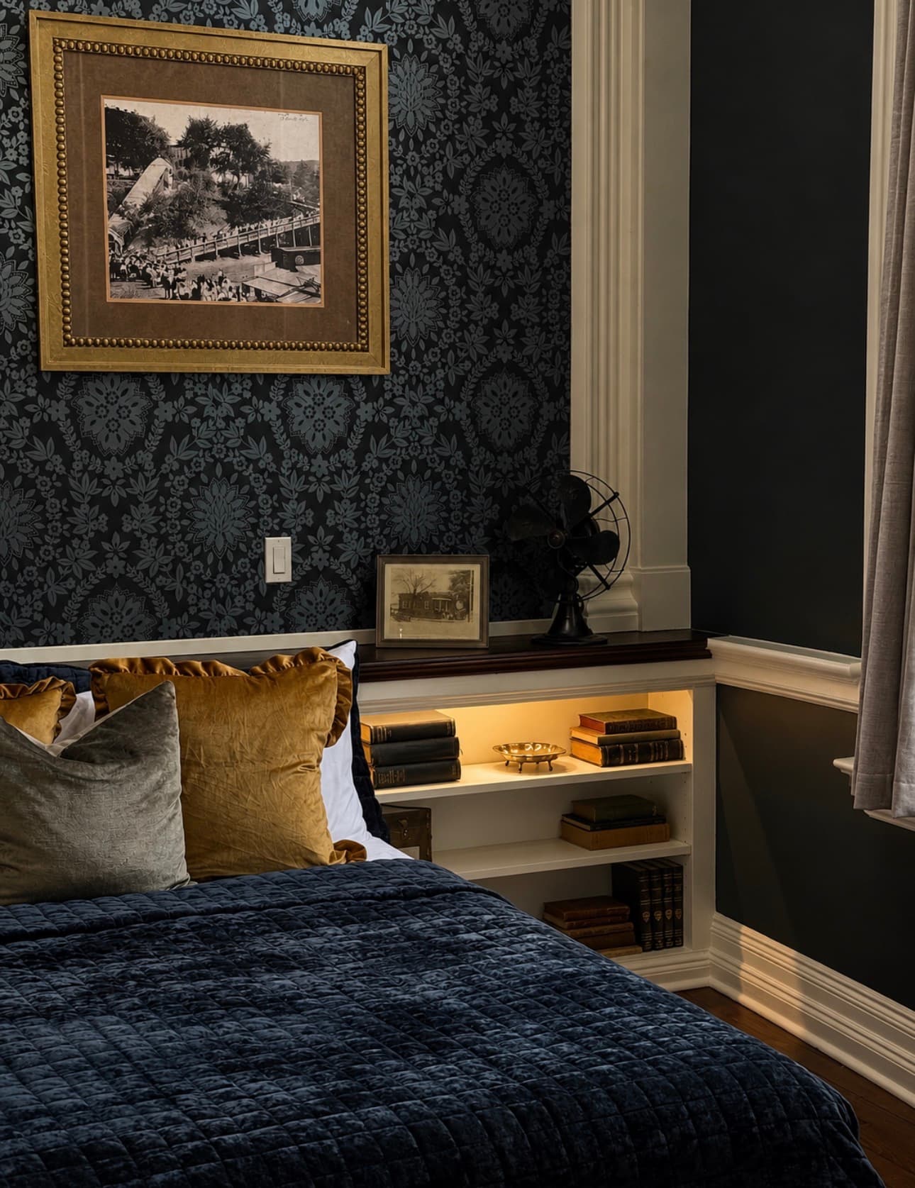 Stacks I damask wallpaper and antique decor